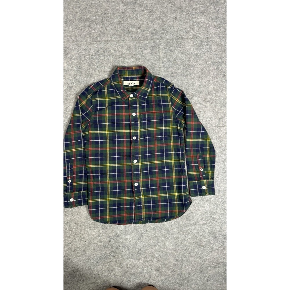 Mini Boden Boys 7-8 Y Green Flannel Button Down Plaid Long Sleeve Christmas